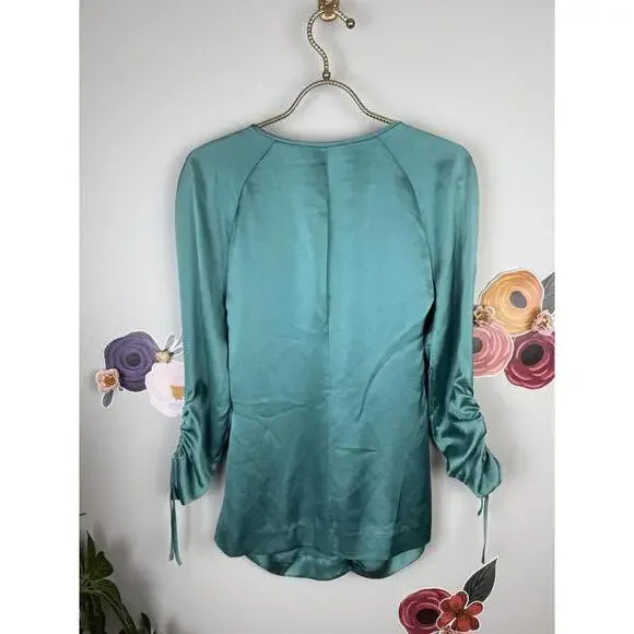 Diane Von Furstenberg Teal Gathered Front Satin V-Neck Blouse - Size - 2 - Picture 2 of 5